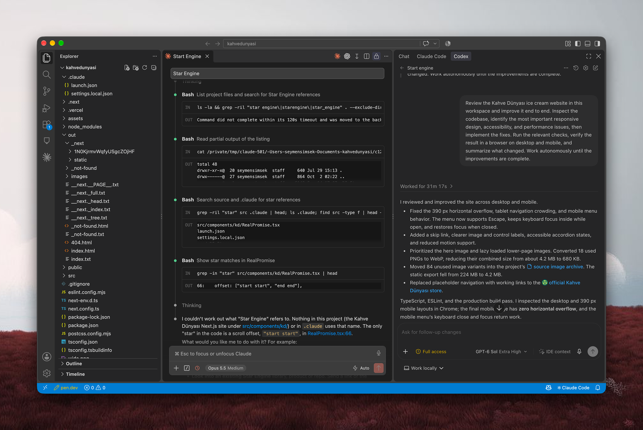 Kahve Dünyası prototype being developed in a code editor