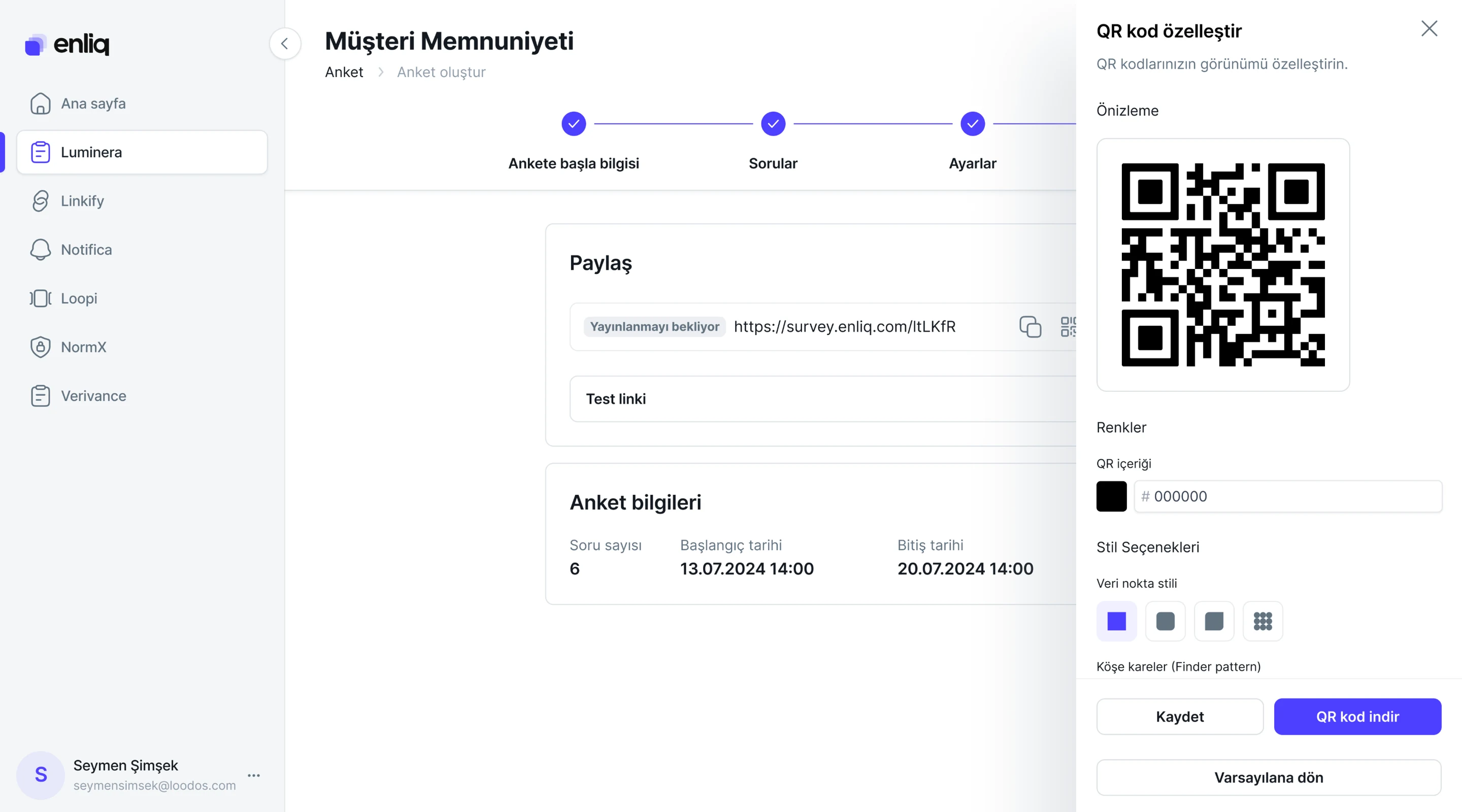 Luminera QR code customization panel